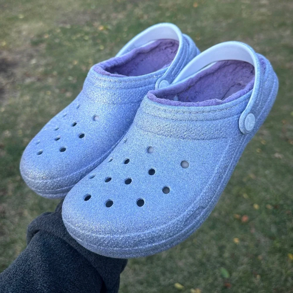 CROCS KIDS CLASSIC LINED‎ FROSTED GLITTER CLOGS Size J 5